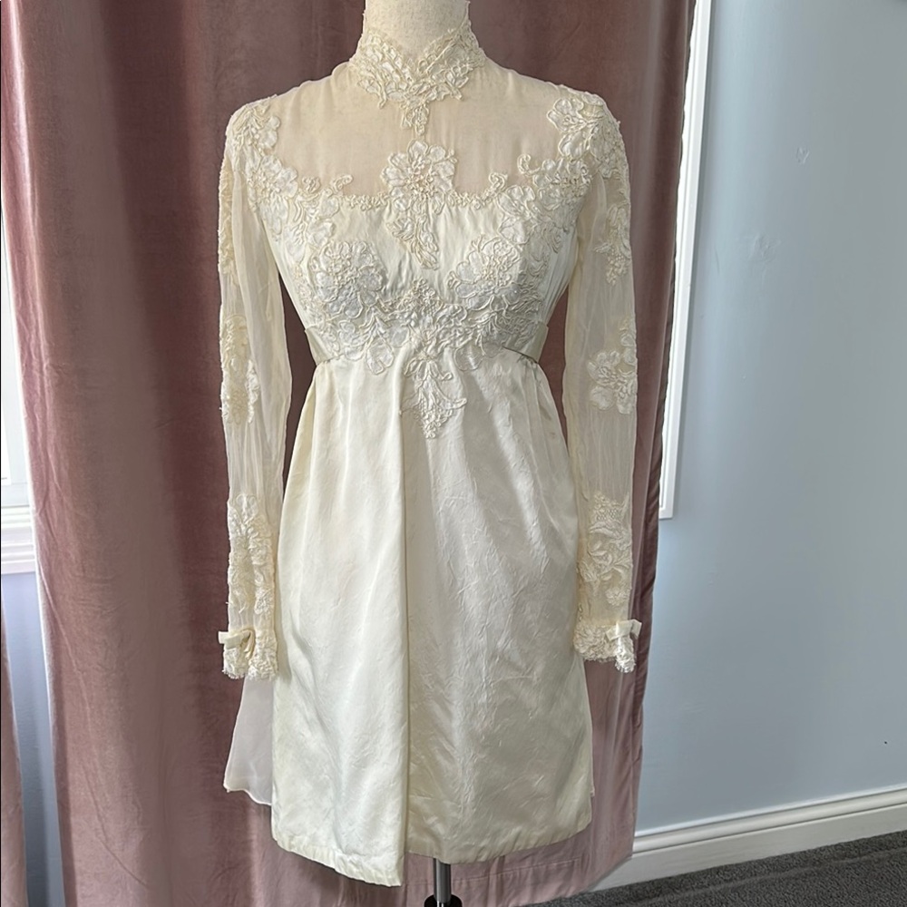 Cream Babydoll Dress with Bishop Sleeves and Mock Neck